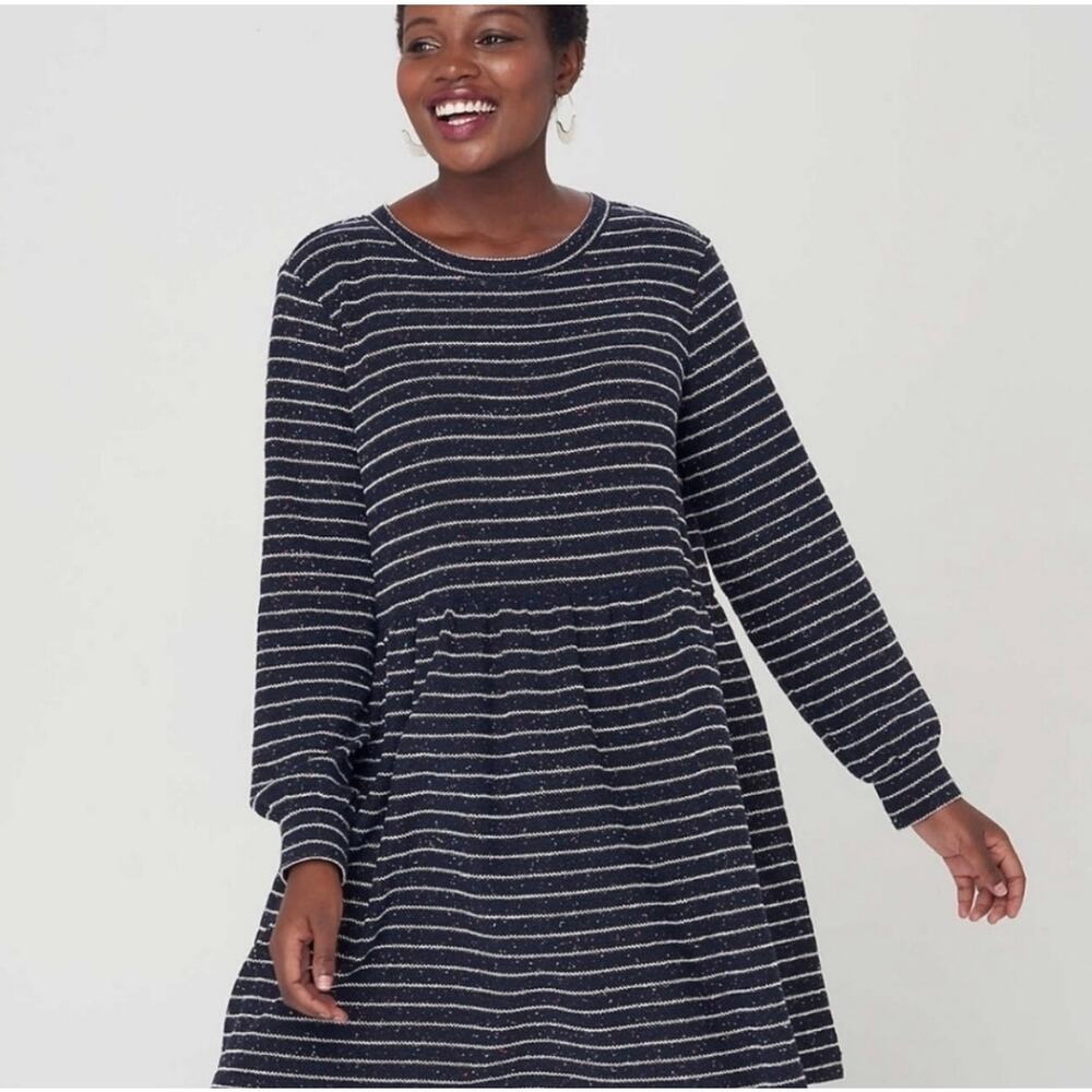 ‼️3/$30‼️ LOFT Woven Babydoll Stripe Dress Medium Navy Blue Metallic Fleck